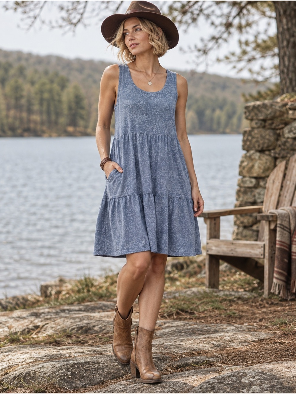 Frye Faded Bandana Blue Tiered Tank Dress Pockets Size M